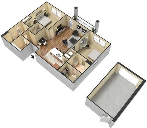 Floor plan for 2 beds, 2 baths, 1045 sqft